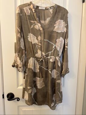 Babaton Aritzia Bennett Silk Olive Green Floral Drawstring  Long-Sleeve Dress